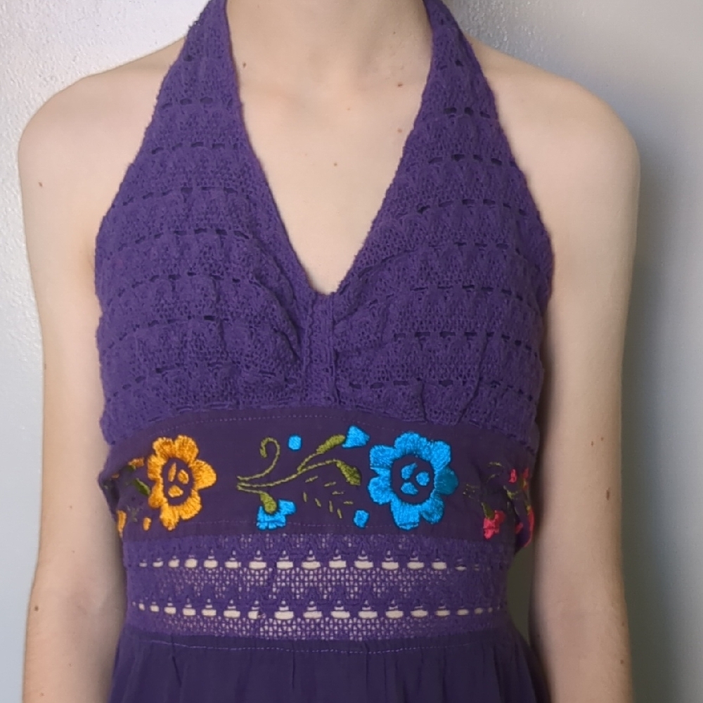 Purple Halter Sundress With Crocheted And Embroidered Details - Picture 2 of 6